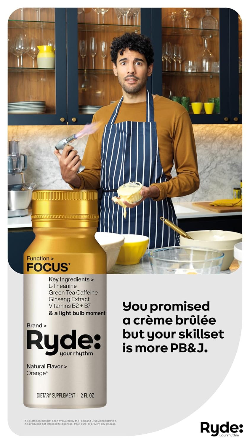 Ryde Focus Shot Orange Flavor with L-Theanine, Ginseng, Green Tea Caffeine, Vitamins B2 & B7, 0 Calories, 0 Sugar, 2 FL OZ Shots - Supports Focus (8 Pack)
