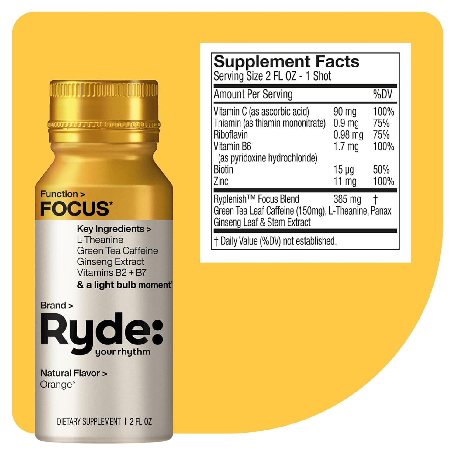 Ryde Focus Shot Orange Flavor with L-Theanine, Ginseng, Green Tea Caffeine, Vitamins B2 & B7, 0 Calories, 0 Sugar, 2 FL OZ Shots - Supports Focus (8 Pack)
