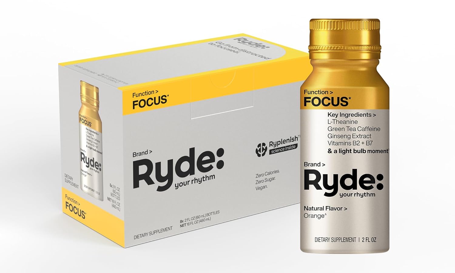 Ryde Focus Shot Orange Flavor with L-Theanine, Ginseng, Green Tea Caffeine, Vitamins B2 & B7, 0 Calories, 0 Sugar, 2 FL OZ Shots - Supports Focus (8 Pack)