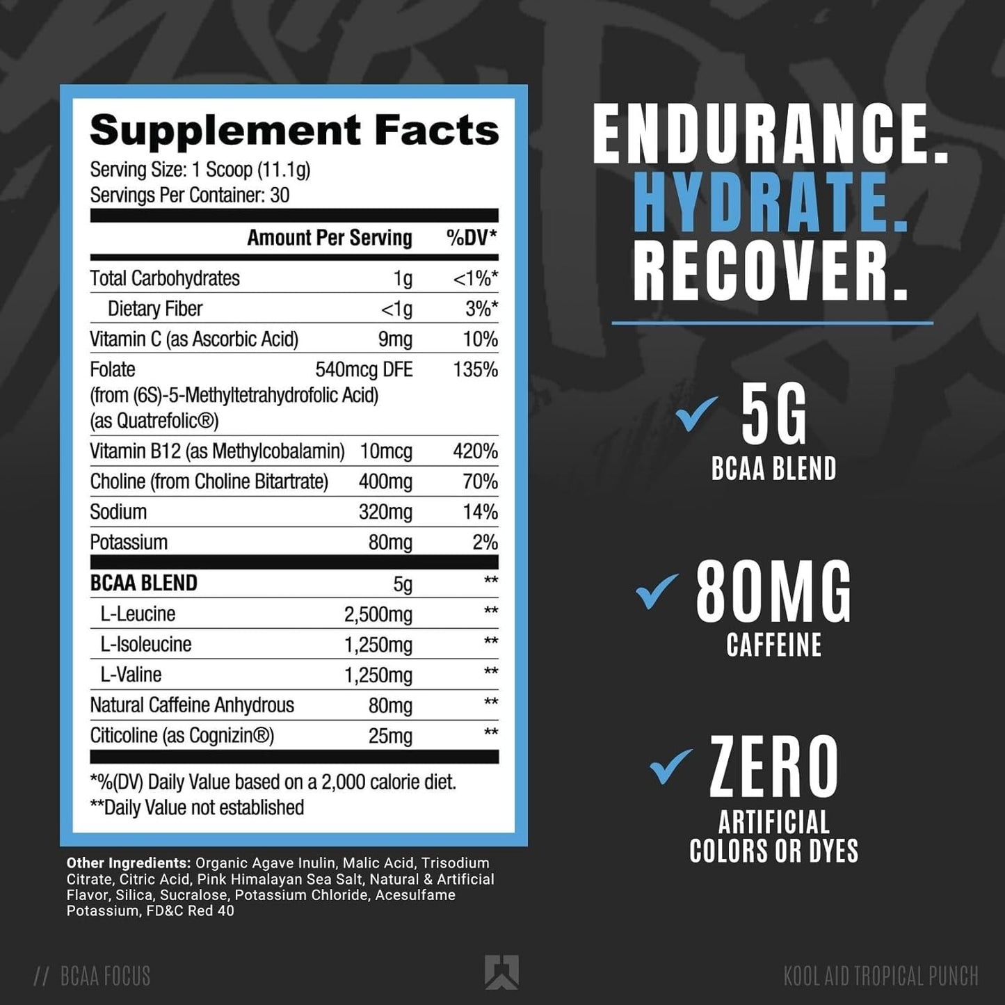 RYSE Element Series BCAA Focus Supplement - Hydrate, Recover, and Stay Focused with BCAAs, Caffeine, and Electrolytes - Tropical Punch Flavor - 30 Servings