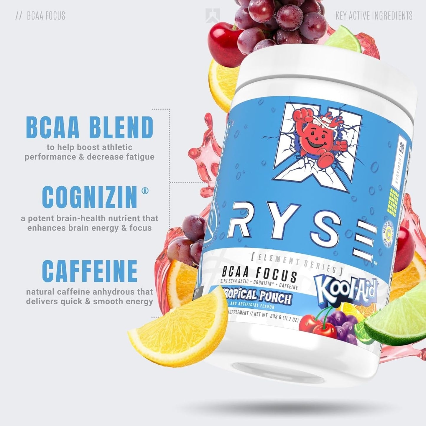 RYSE Element Series BCAA Focus Supplement - Hydrate, Recover, and Stay Focused with BCAAs, Caffeine, and Electrolytes - Tropical Punch Flavor - 30 Servings