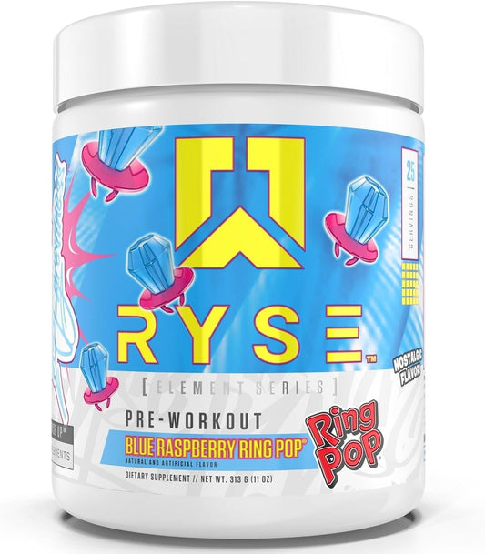 RYSE Element Series Pre-Workout Supplement - Blue Raspberry Ring Pop Flavor | Boost Energy & Performance with Beta Alanine, NO3-T Nitrates, 200mg Caffeine | 25 Servings