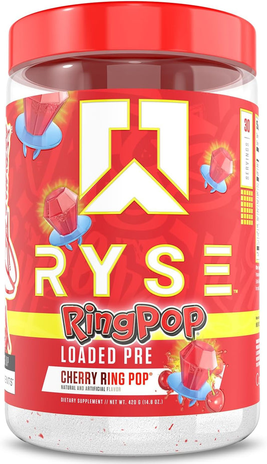 RYSE Loaded Pre Workout Powder Supplement for Men & Women | Cherry Ring Pop Flavor | Boost Energy, Focus, and Pump | 390mg Caffeine | 30 Servings