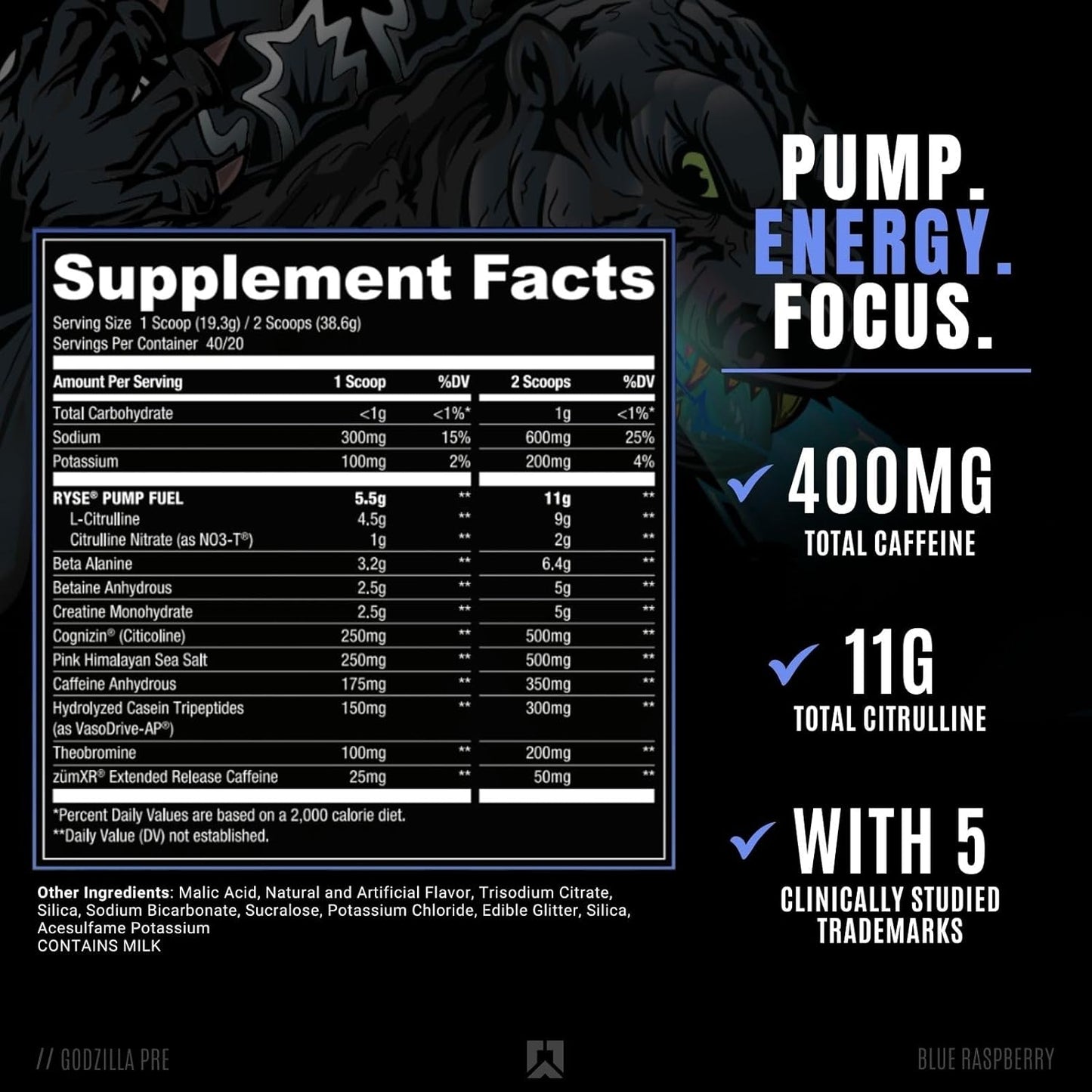 RYSE Noel Deyzel x Godzilla Pre Workout Supplement - Intense Energy, Pumps, & Focus - Citrulline, Beta Alanine, 400mg Caffeine - 40 Servings (Blue Raspberry)