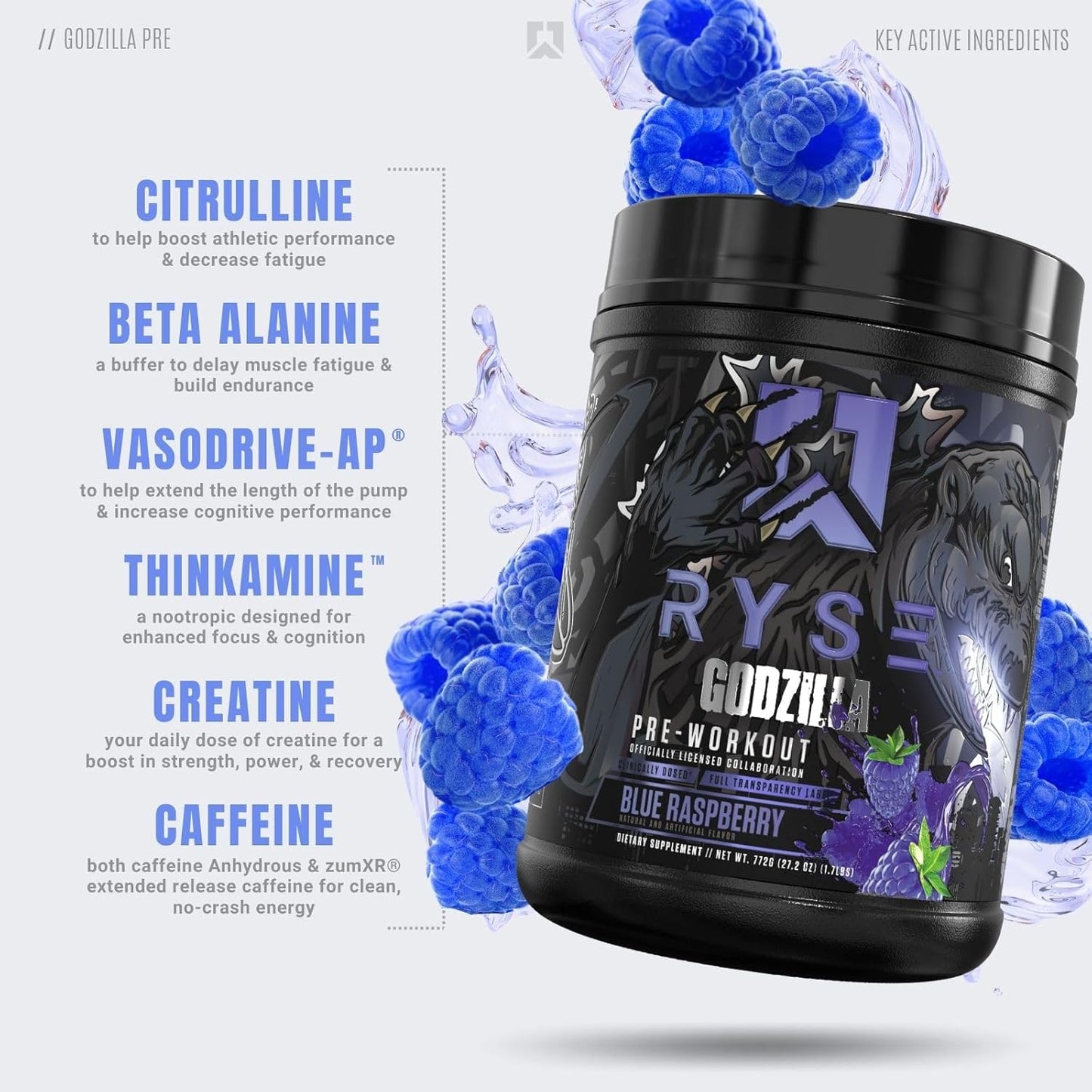 RYSE Noel Deyzel x Godzilla Pre Workout Supplement - Intense Energy, Pumps, & Focus - Citrulline, Beta Alanine, 400mg Caffeine - 40 Servings (Blue Raspberry)