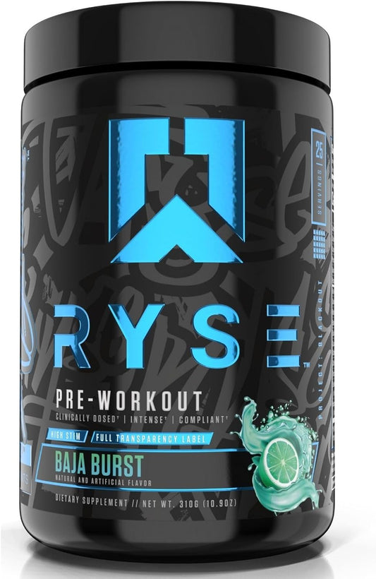 RYSE Project Blackout Pre Workout Supplement - Boost Pump, Energy, & Strength with Caffeine, Vitacholine, Nitrates, and Theobromine - 25 Servings (Baja Burst)