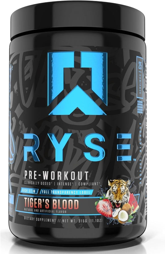 RYSE Project Blackout Pre Workout Supplement with Caffeine, Vitacholine, Nitrates, and Theobromine for Pump, Energy, and Strength - Tiger's Blood Flavor - 25 Servings