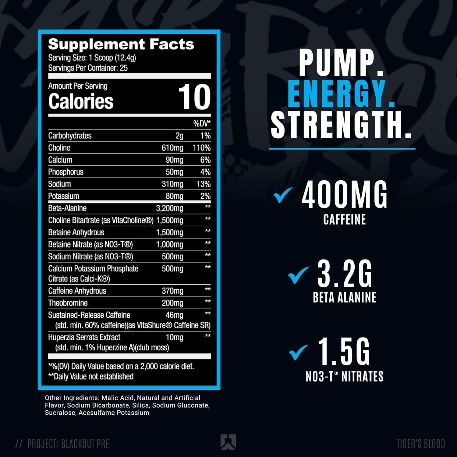 RYSE Project Blackout Pre Workout Supplement with Caffeine, Vitacholine, Nitrates, and Theobromine for Pump, Energy, and Strength - Tiger's Blood Flavor - 25 Servings