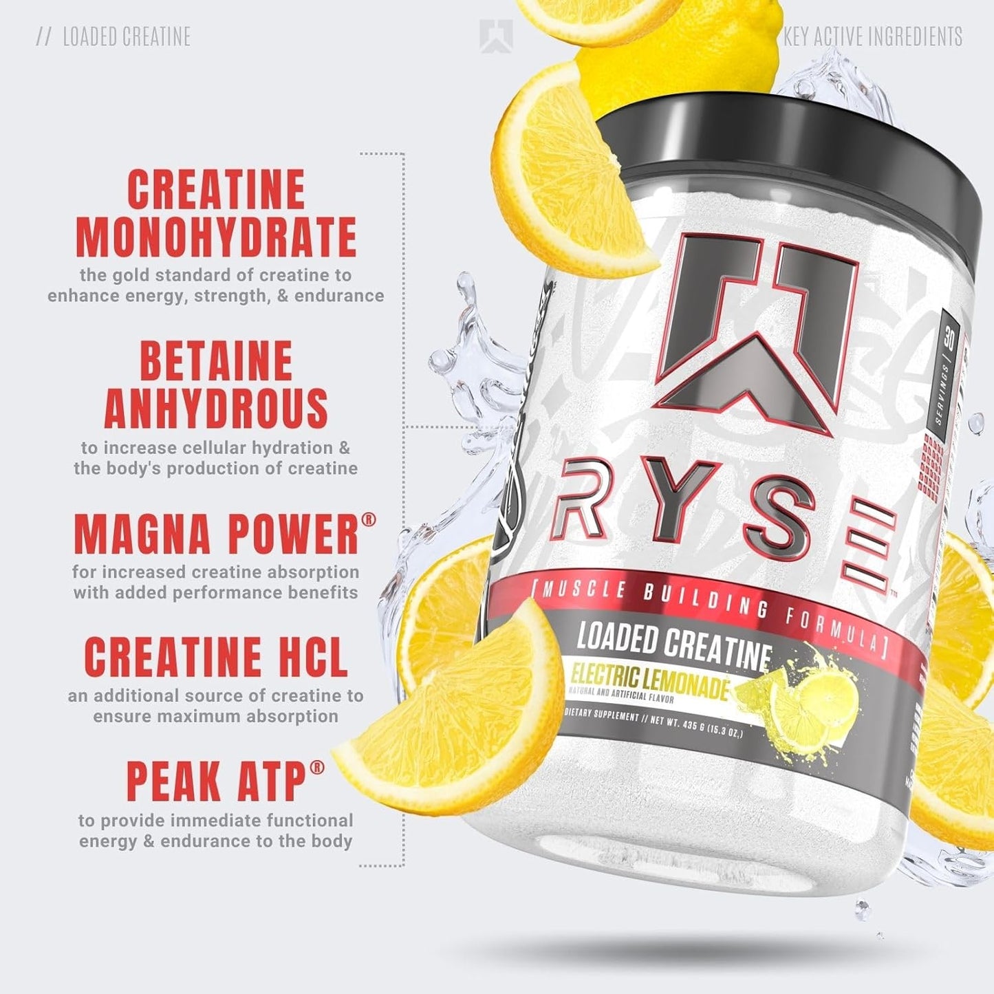 RYSE Up Supplements Loaded Creatine Muscle Building Formula with Electrolytes & Peak ATP - Electric Lemonade - 30 Servings