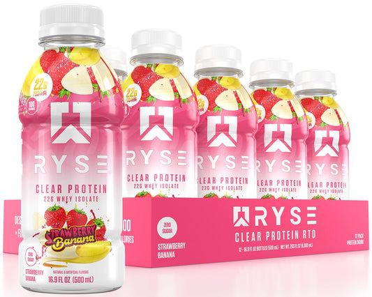 RYSE Up Supplements Strawberry Banana Clear Whey Isolate Protein Shake - 100 Calories, 22g Protein, Sugar Free - 16.9 fl oz (12 pack) - Lactose Free
