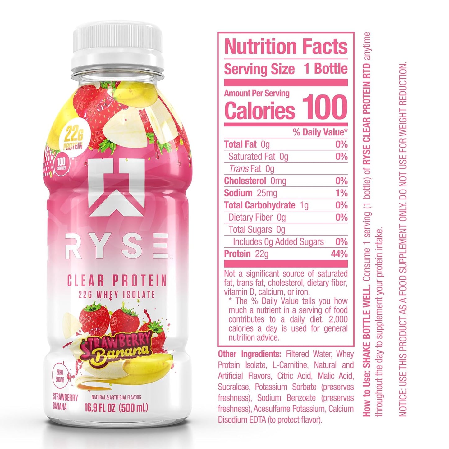 RYSE Up Supplements Strawberry Banana Clear Whey Isolate Protein Shake - 100 Calories, 22g Protein, Sugar Free - 16.9 fl oz (12 pack) - Lactose Free