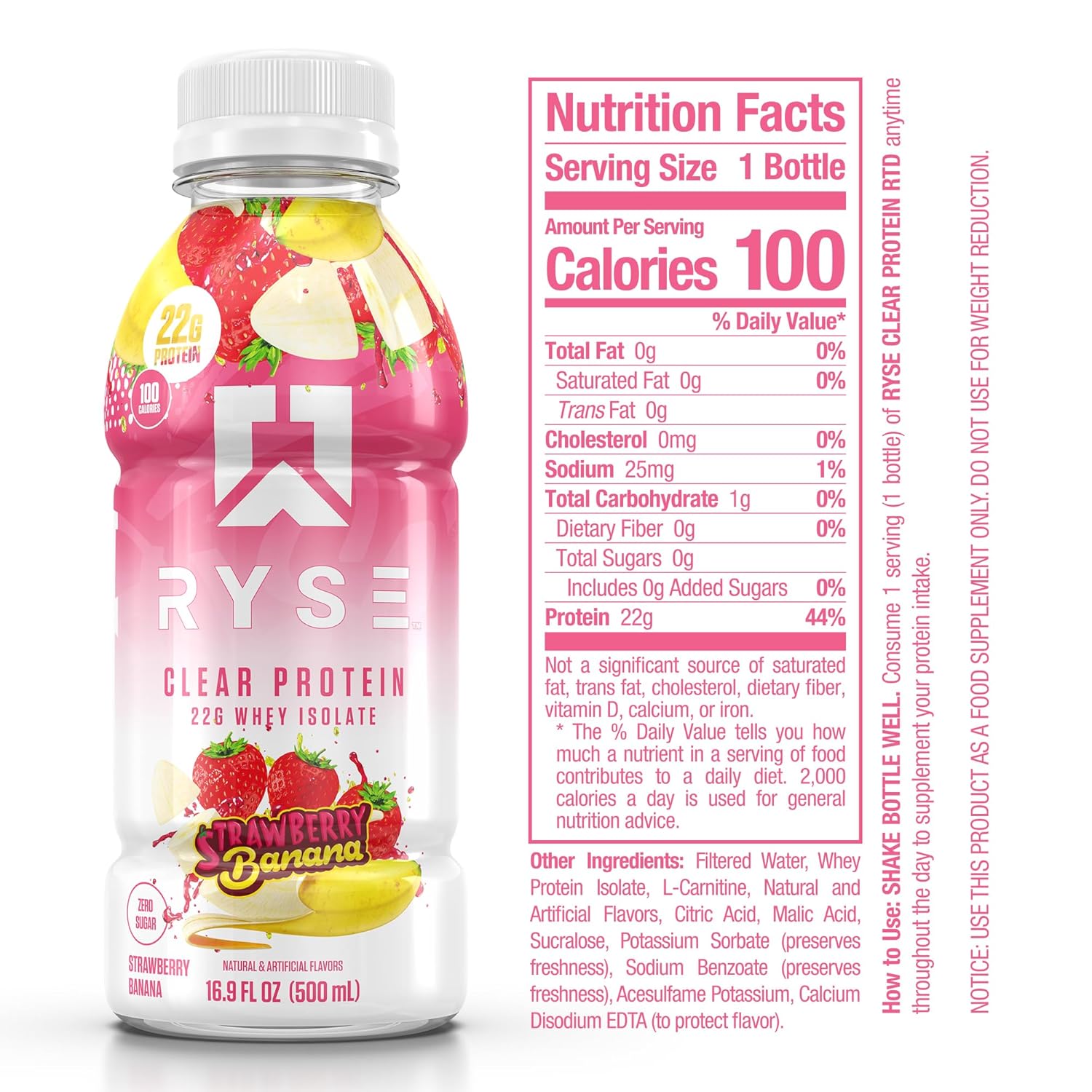 RYSE Up Supplements Strawberry Banana Clear Whey Isolate Protein Shake - 100 Calories, 22g Protein, Sugar Free - 16.9 fl oz (12 pack) - Lactose Free