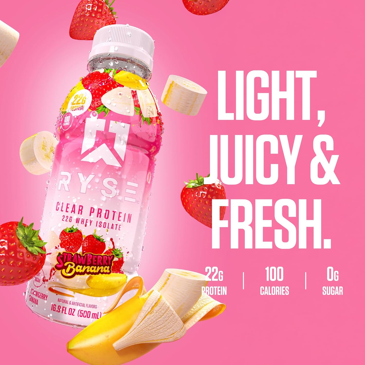RYSE Up Supplements Strawberry Banana Clear Whey Isolate Protein Shake - 100 Calories, 22g Protein, Sugar Free - 16.9 fl oz (12 pack) - Lactose Free