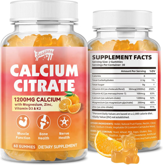 Saajoor Calcium Citrate Gummies 1200 mg with Vitamin D3, K2, Magnesium, Zinc - Bone, Muscle, Joint, Immune & Memory Support - 60 Count