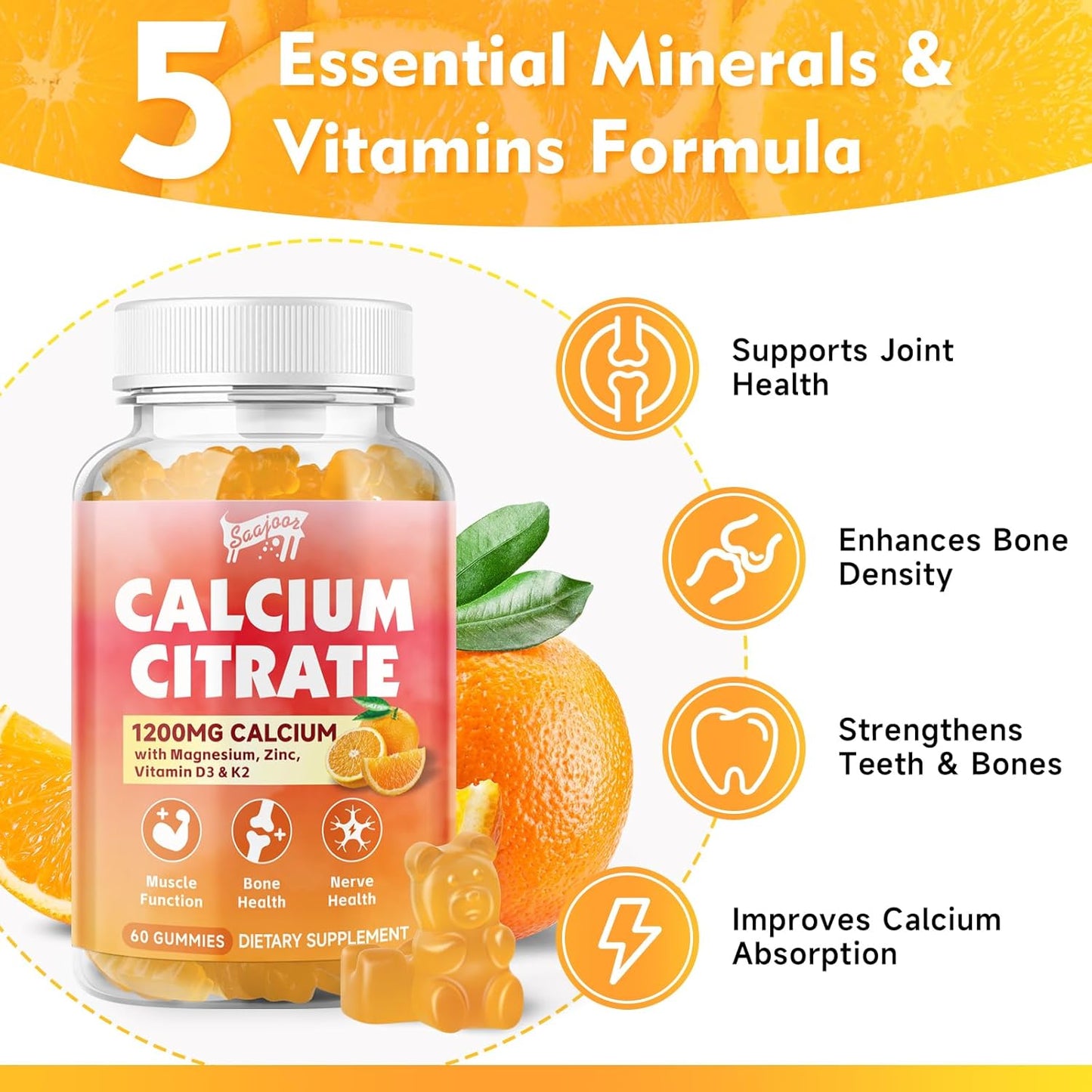 Saajoor Calcium Citrate Gummies 1200 mg with Vitamin D3, K2, Magnesium, Zinc - Bone, Muscle, Joint, Immune & Memory Support - 60 Count