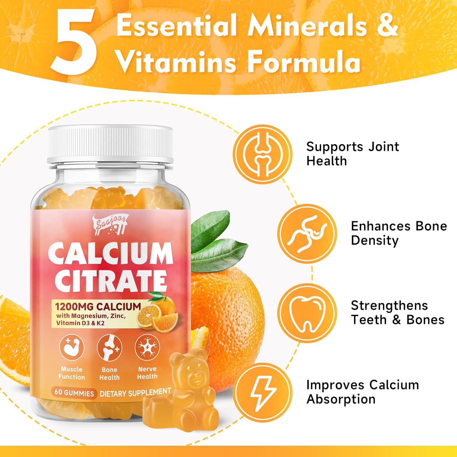 Saajoor Calcium Citrate Gummies 1200 mg with Vitamin D3, K2, Magnesium, Zinc - Bone, Muscle, Joint, Immune & Memory Support - 60 Count