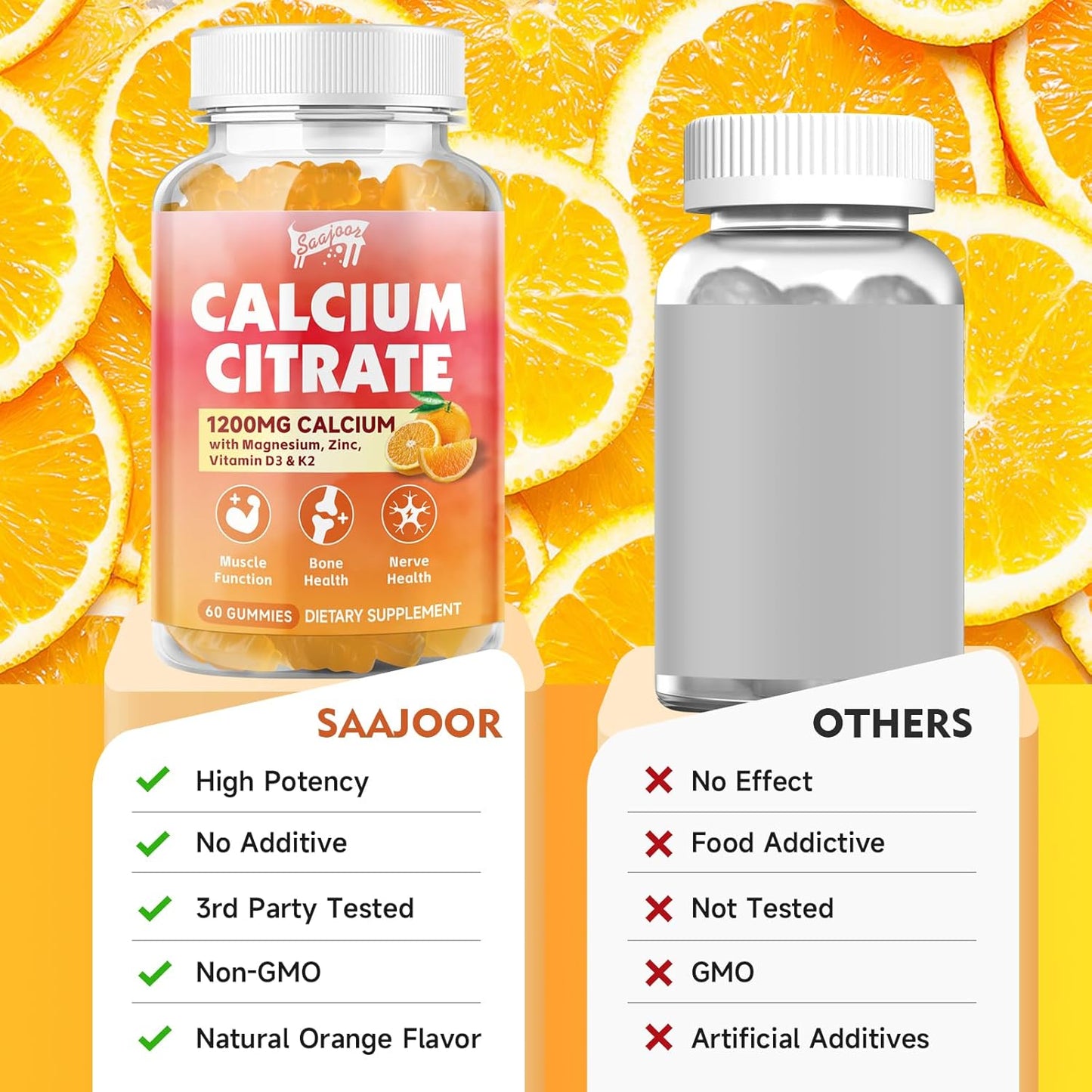 Saajoor Calcium Citrate Gummies 1200 mg with Vitamin D3, K2, Magnesium, Zinc - Bone, Muscle, Joint, Immune & Memory Support - 60 Count