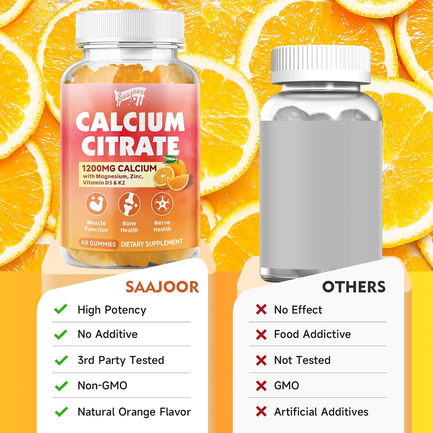 Saajoor Calcium Citrate Gummies 1200 mg with Vitamin D3, K2, Magnesium, Zinc - Bone, Muscle, Joint, Immune & Memory Support - 60 Count