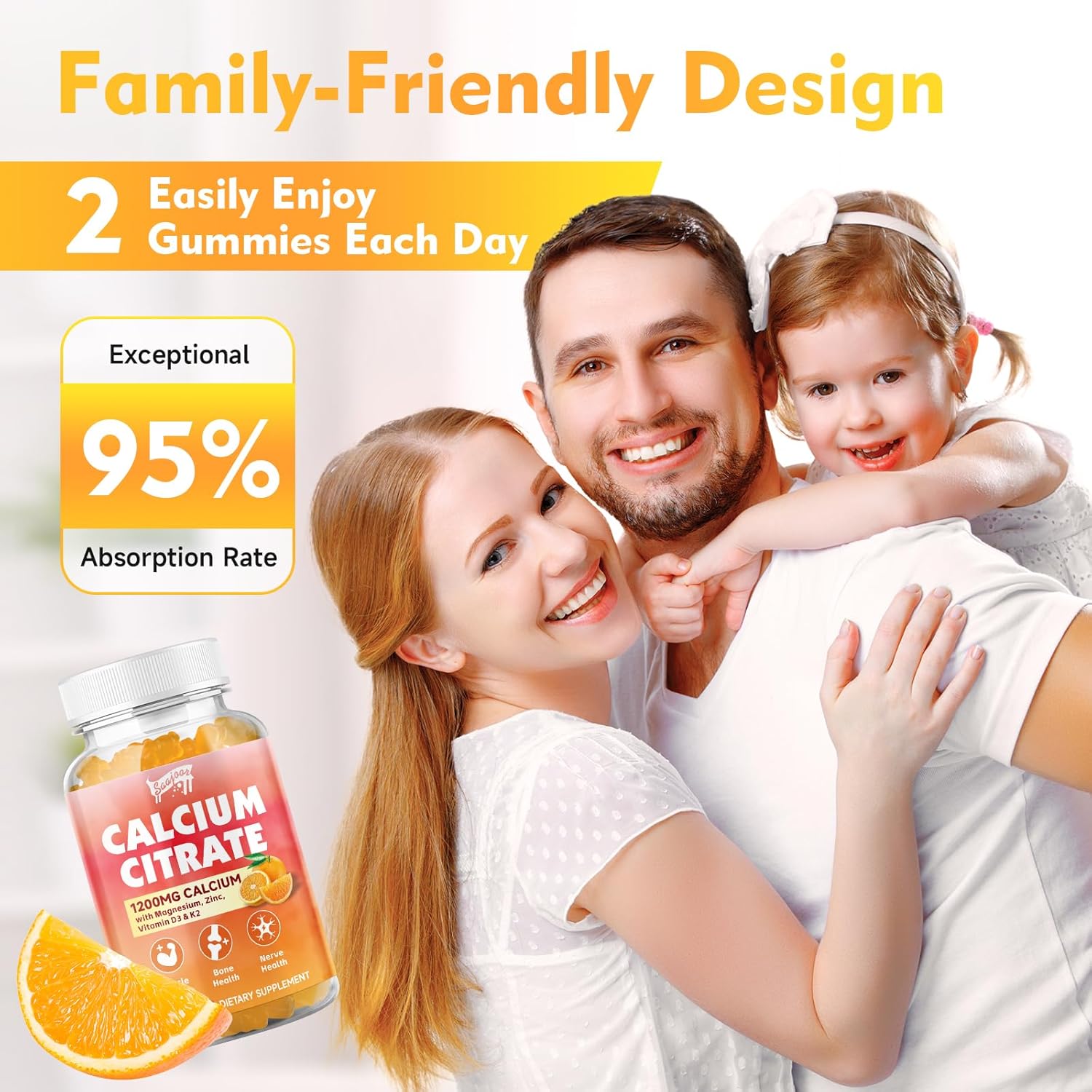 Saajoor Calcium Citrate Gummies 1200 mg with Vitamin D3, K2, Magnesium, Zinc - Bone, Muscle, Joint, Immune & Memory Support - 60 Count