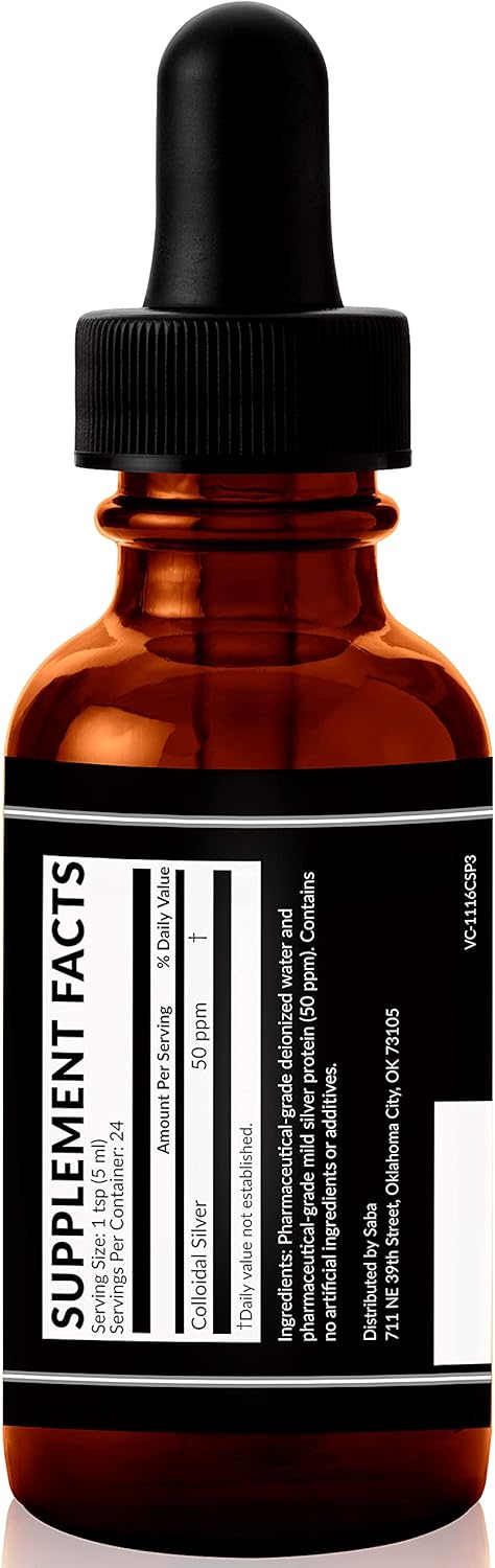 Saba Colloidal Silver 50PPM 4Fl Oz - Seasonal Wellness & Immune Support - Multi-Use Household Must-Have for Life's Little Accidents - 24 Servings