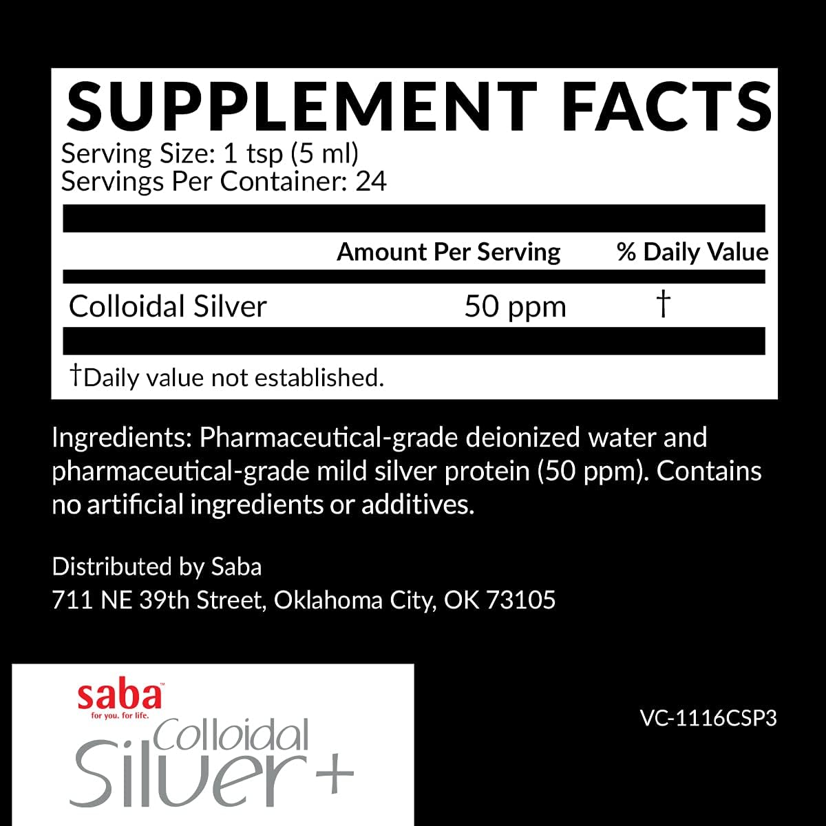 Saba Colloidal Silver 50PPM 4Fl Oz - Seasonal Wellness & Immune Support - Multi-Use Household Must-Have for Life's Little Accidents - 24 Servings