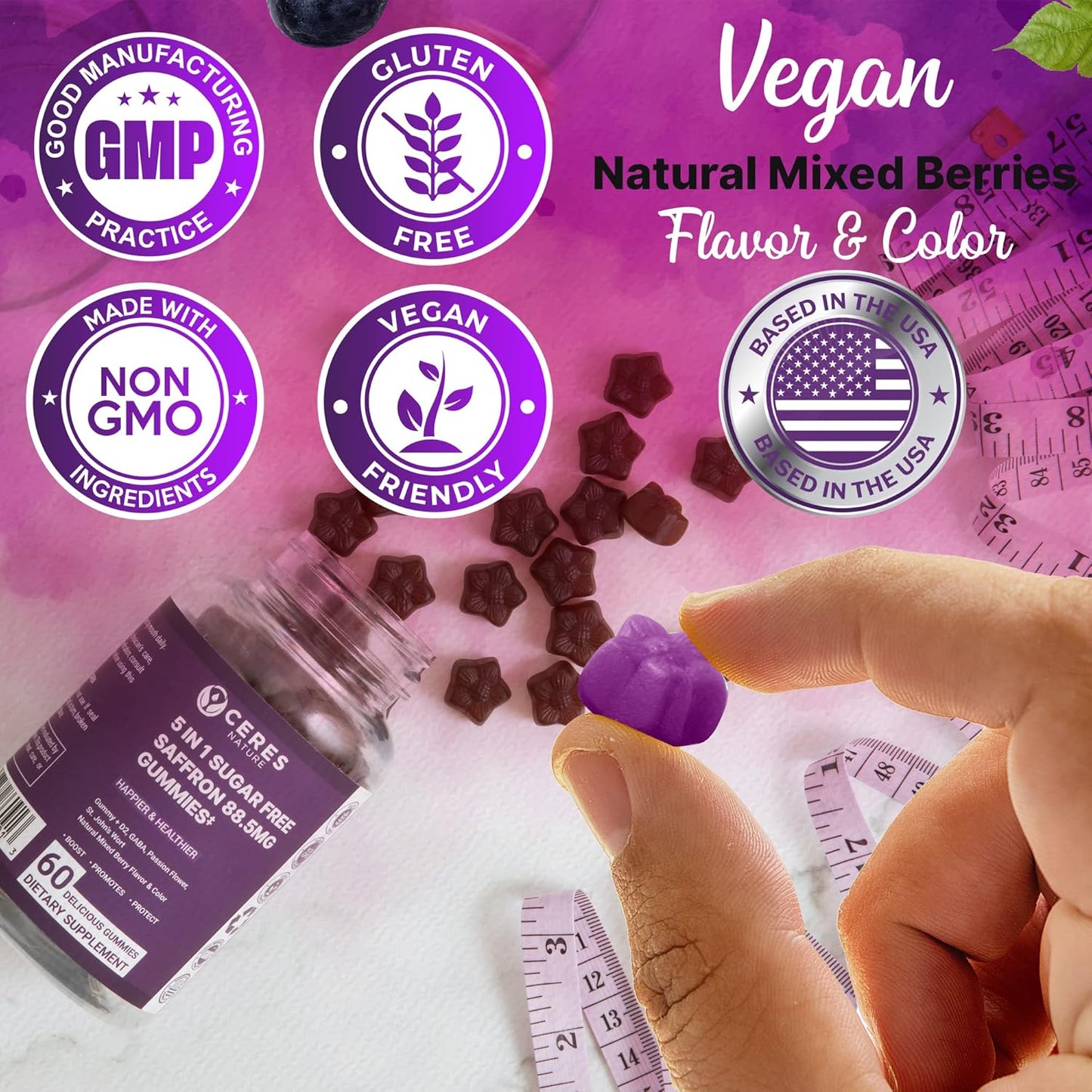 Saffron Extract Gummies for Appetite Control, Eye Health, Energy Boost, and Heart Support - Non-GMO, Gluten-Free, Vegan - 60 Count