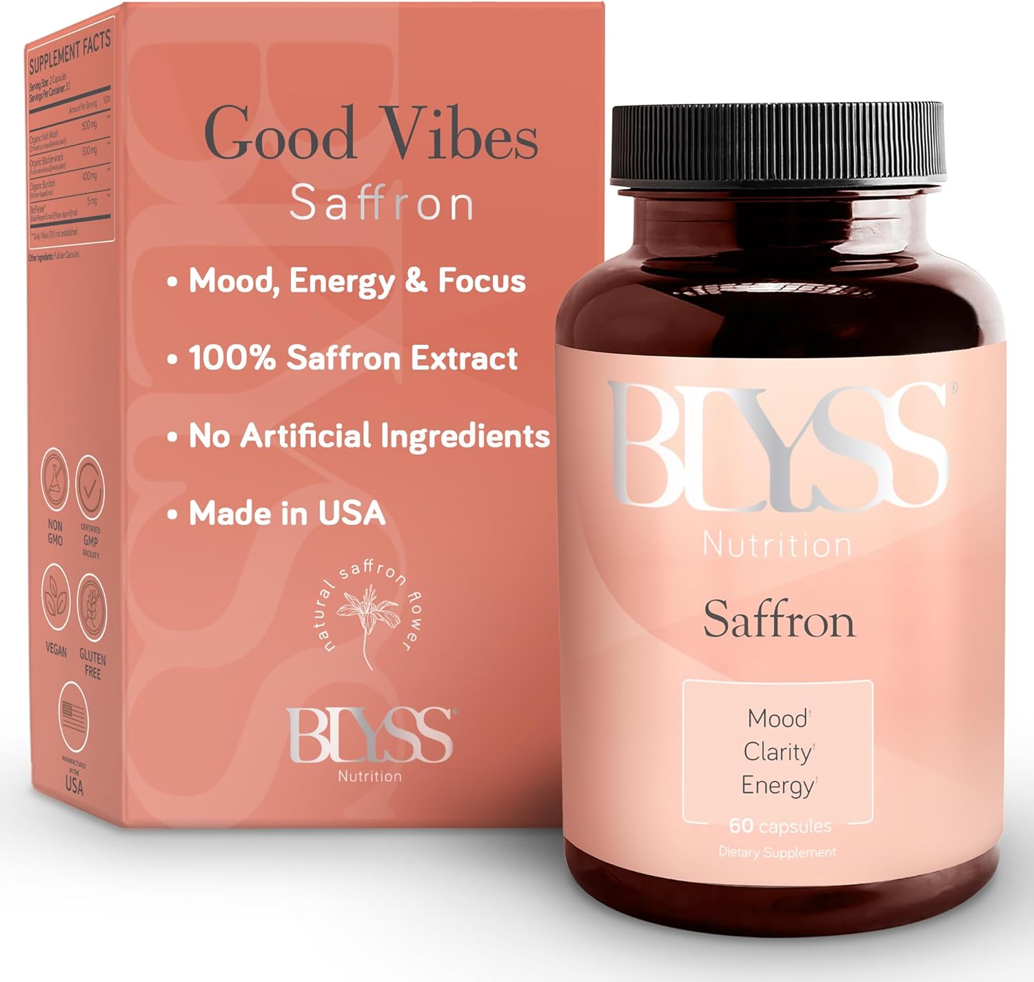 Saffron Extract Pills for Women - Boost Energy, Mood, & Metabolism - Non-GMO, Gluten Free Vegan Capsules - BLYSS Nutrition