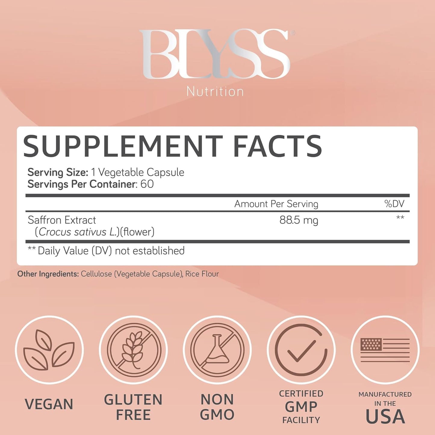Saffron Extract Pills for Women - Boost Energy, Mood, & Metabolism - Non-GMO, Gluten Free Vegan Capsules - BLYSS Nutrition