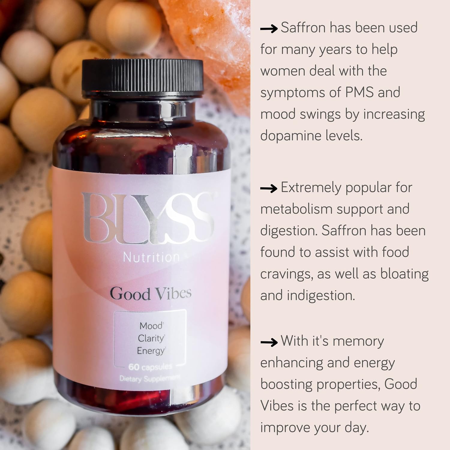 Saffron Extract Pills for Women - Boost Energy, Mood, & Metabolism - Non-GMO, Gluten Free Vegan Capsules - BLYSS Nutrition