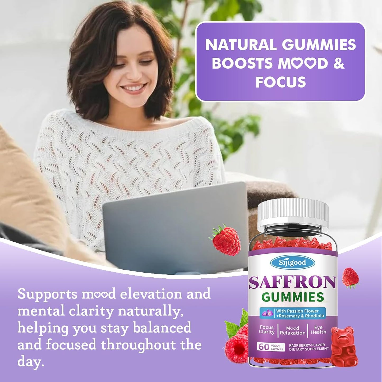 Saffron Gummies 2 Pack with Passion Flower, Magnesium & Vitamins for Relaxation & Focus - 120 Count