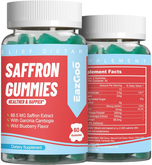 Saffron Gummies with Garcinia Cambogia, Vitamins & Rhodiola Rosea - 120 Supplement Gummies for Mood & Energy Boost