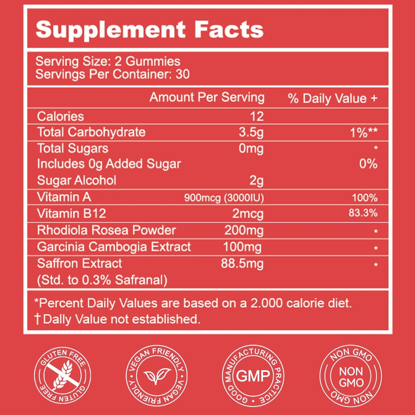 Saffron Gummies with Garcinia Cambogia, Vitamins & Rhodiola Rosea - 120 Supplement Gummies for Mood & Energy Boost