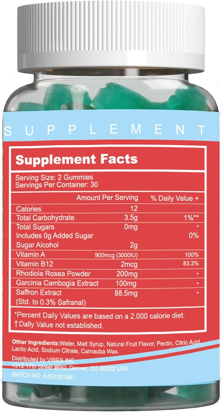 Saffron Gummies with Garcinia Cambogia, Vitamins & Rhodiola Rosea - 120 Supplement Gummies for Mood & Energy Boost