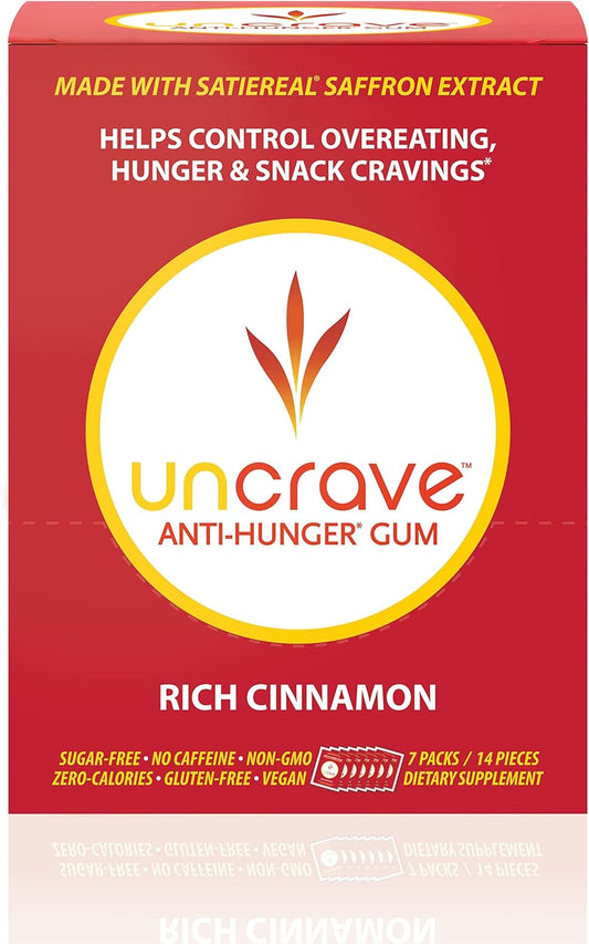 Saffron-Infused UnCrave Gum: Control Cravings, Boost Mood, Support Vision Health - Cinnamon Flavor (14 Pieces)
