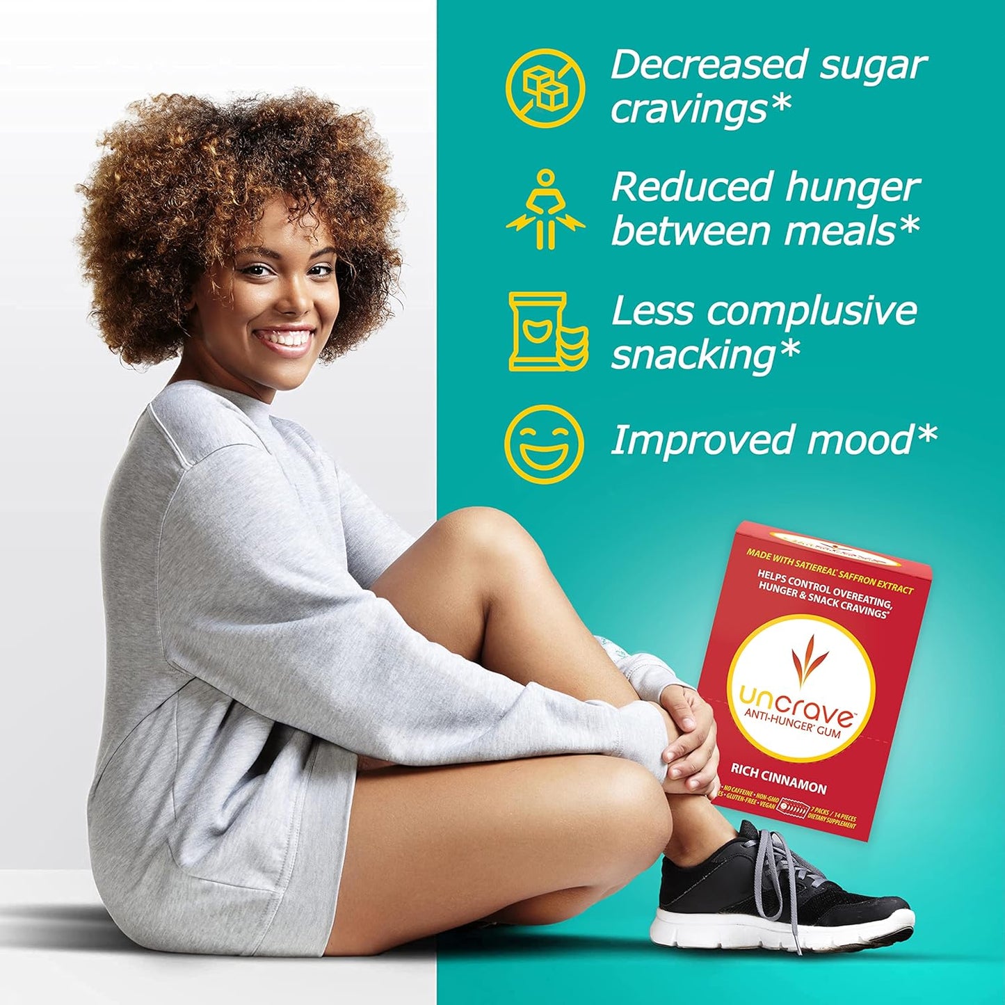 Saffron-Infused UnCrave Gum: Control Cravings, Boost Mood, Support Vision Health - Cinnamon Flavor (14 Pieces)