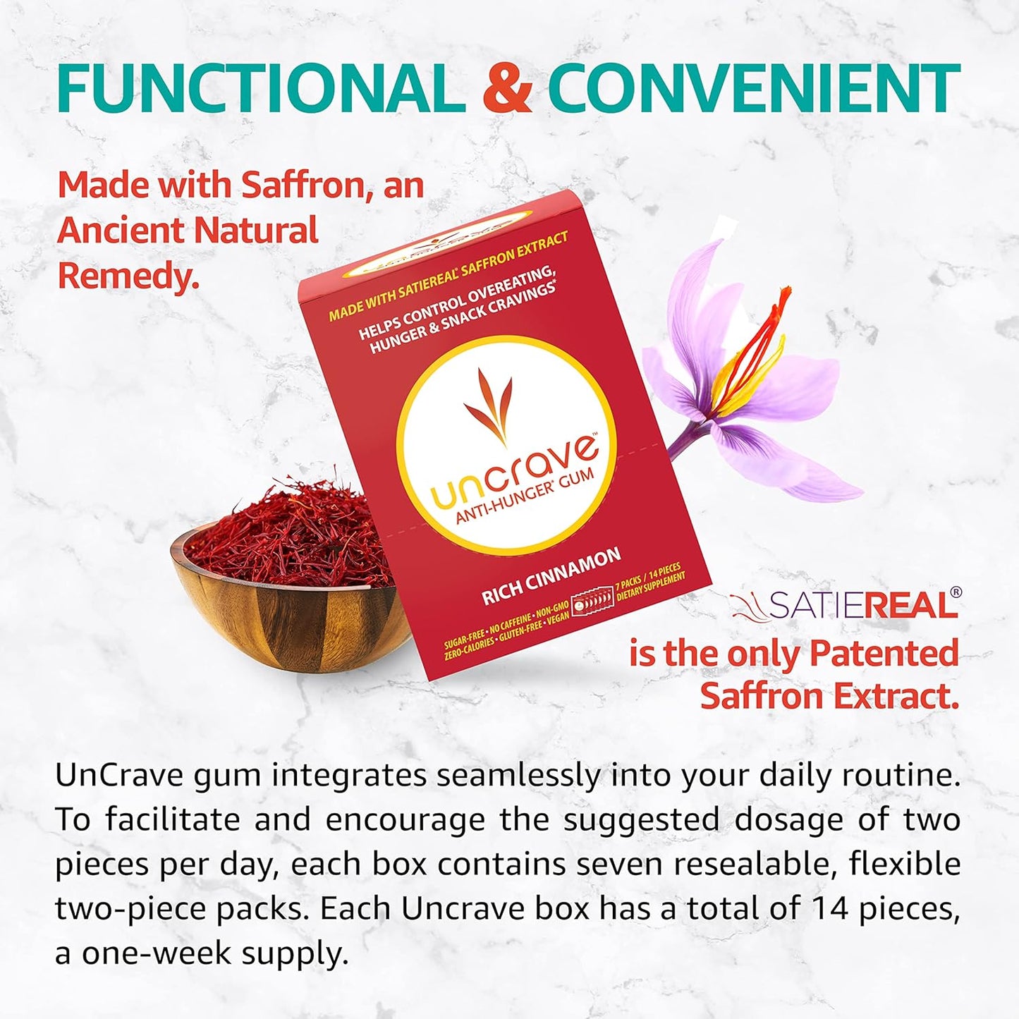 Saffron-Infused UnCrave Gum: Control Cravings, Boost Mood, Support Vision Health - Cinnamon Flavor (14 Pieces)
