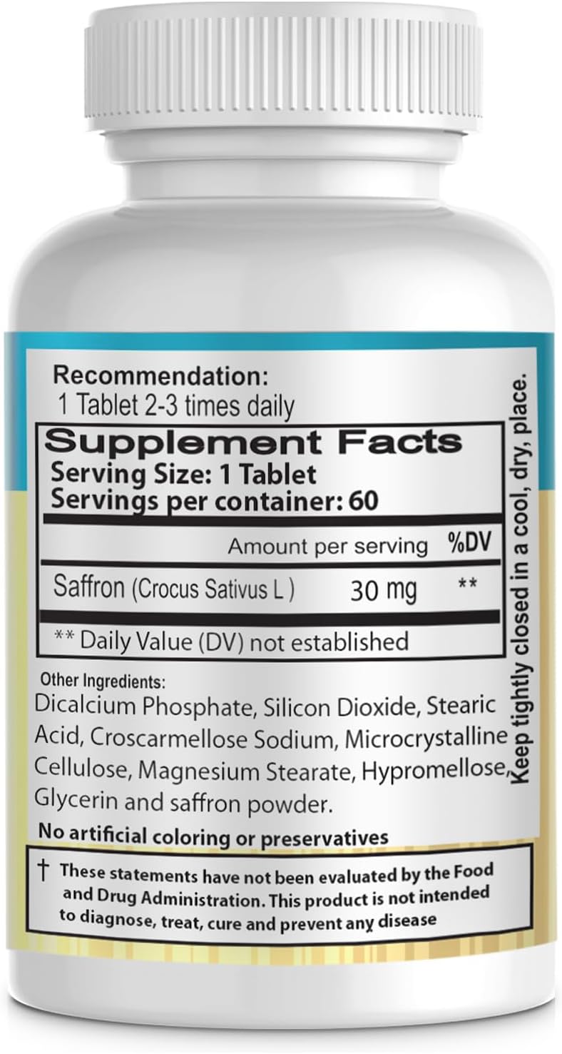 Saffron Supplement for Focus, Mood, Metabolism, Healthy Eating Habits | 60 Tablets