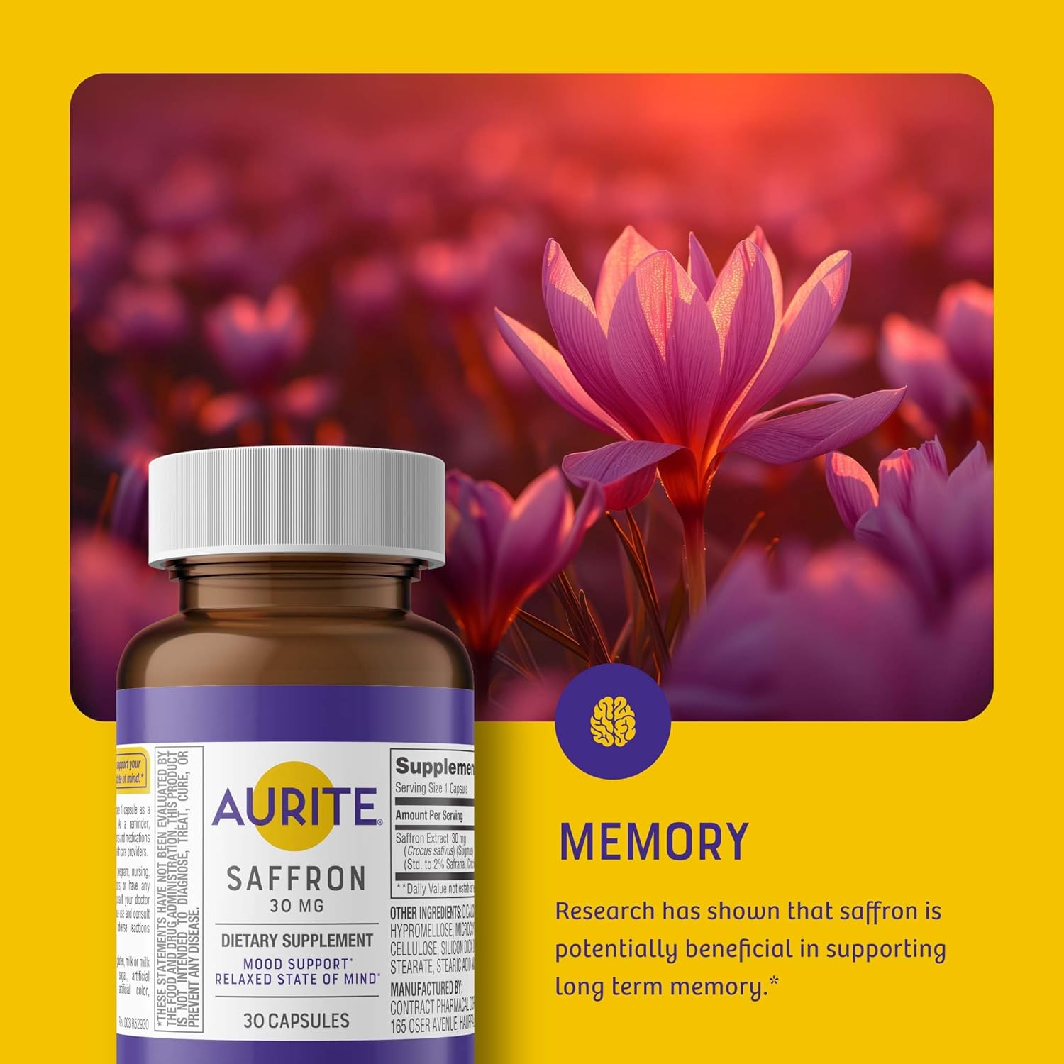 Saffron Supplement for Stress Management, Mood Support, and Memory | 30mg Saffron, Vegetarian, Non-GMO, Gluten-Free | 30 Count (1 Month Supply)