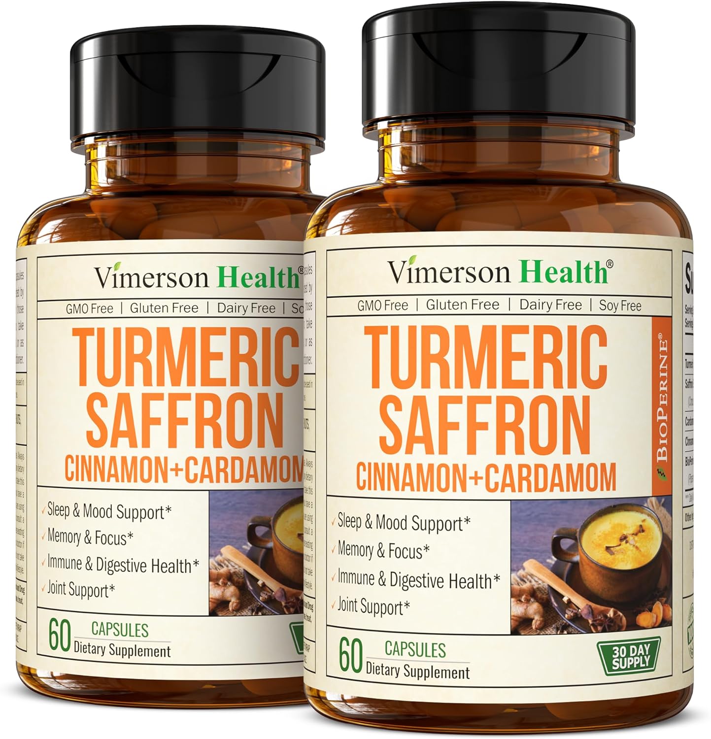 Saffron Turmeric Curcumin Supplement with Black Pepper, Cardamom, Cinnamon - Mood, Memory, Eye Health - Joint Support for Men & Women - 240 Capsules
