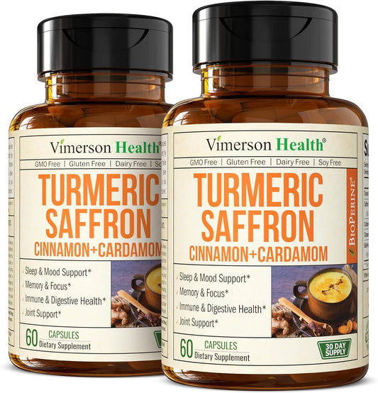 Saffron Turmeric Curcumin Supplement with Black Pepper, Cardamom, Cinnamon - Mood, Memory, Eye Health - Joint Support for Men & Women - 240 Capsules