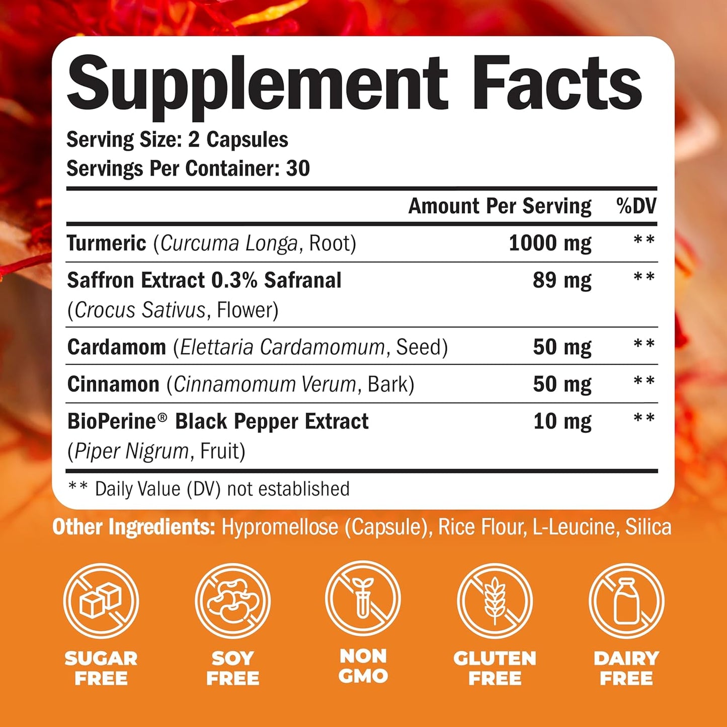Saffron Turmeric Curcumin Supplement with Black Pepper, Cardamom, and Cinnamon Pills for Mood, Memory, and Eye Health - Joint Support for Women & Men - 60 Capsules