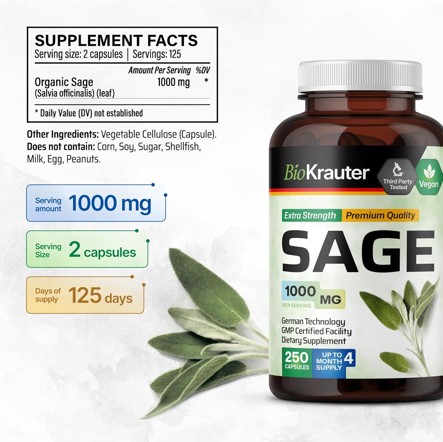Sage and Sarsaparilla Herbal Supplement - 500 Capsules