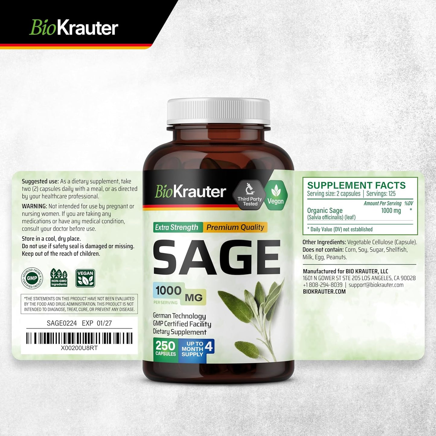 Sage and Sarsaparilla Herbal Supplement - 500 Capsules