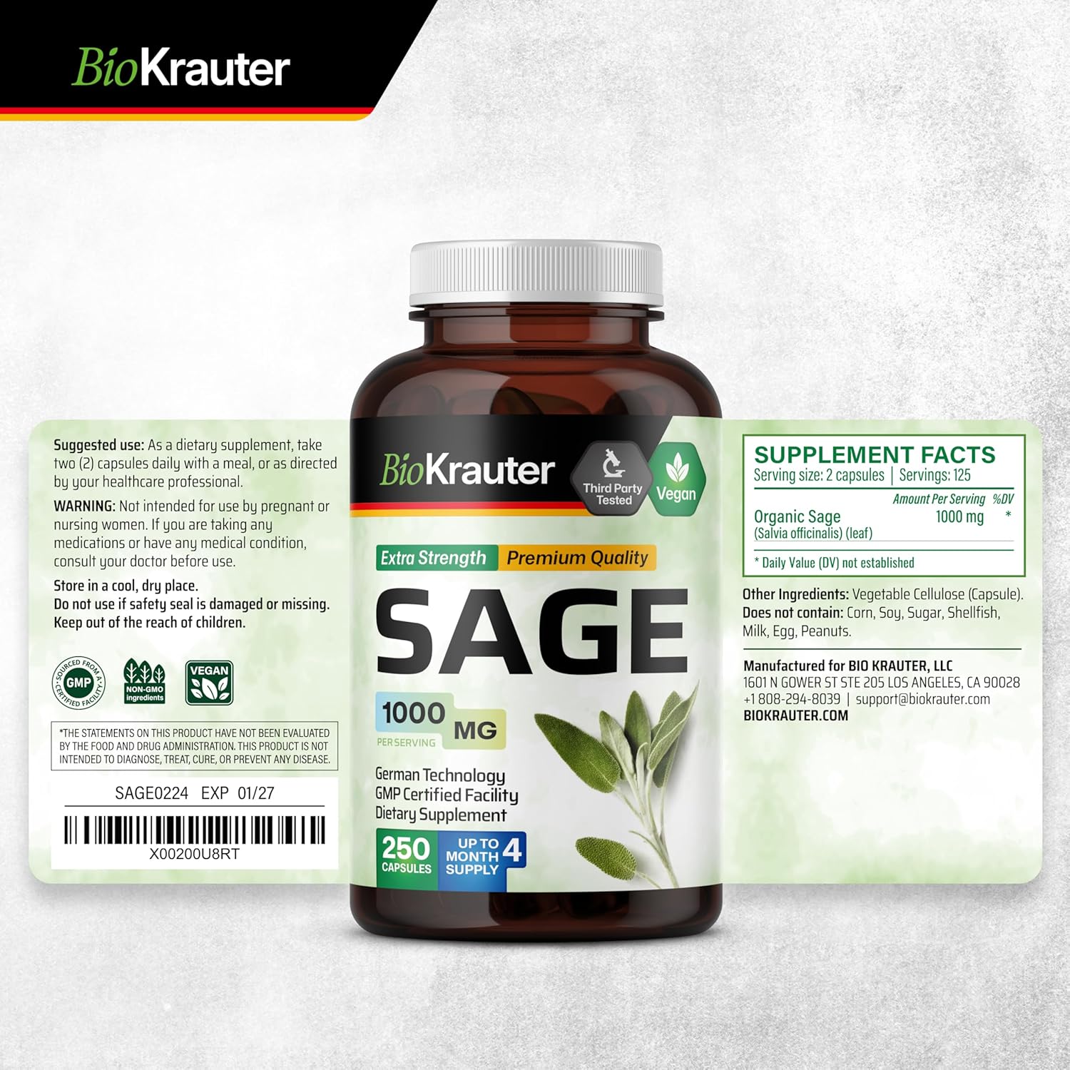 Sage and Sarsaparilla Herbal Supplement - 500 Capsules