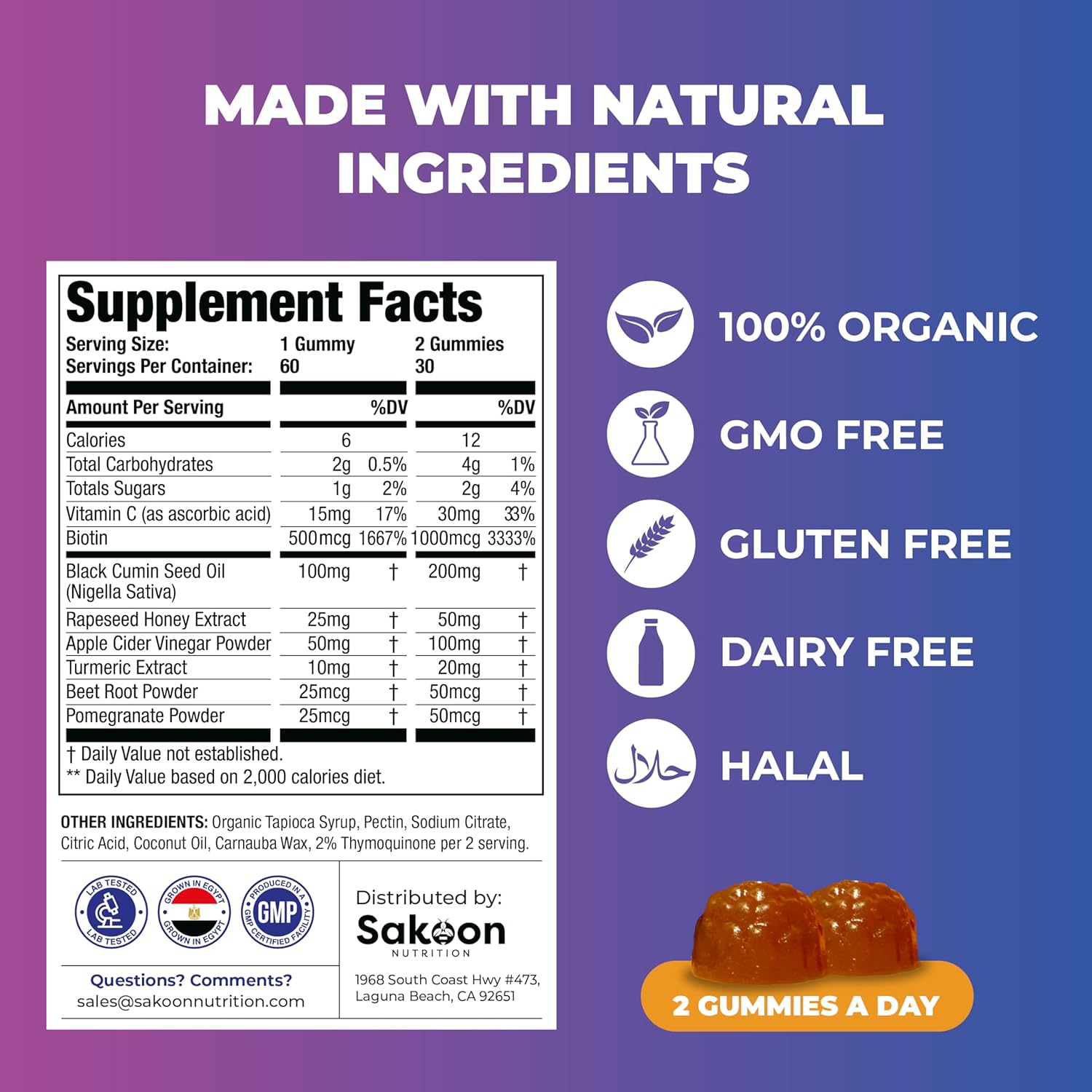 Sakoon Nutrition Black Seed Oil Gummies with Honey - Immune Support & Antioxidant Boost - 60 Gummies