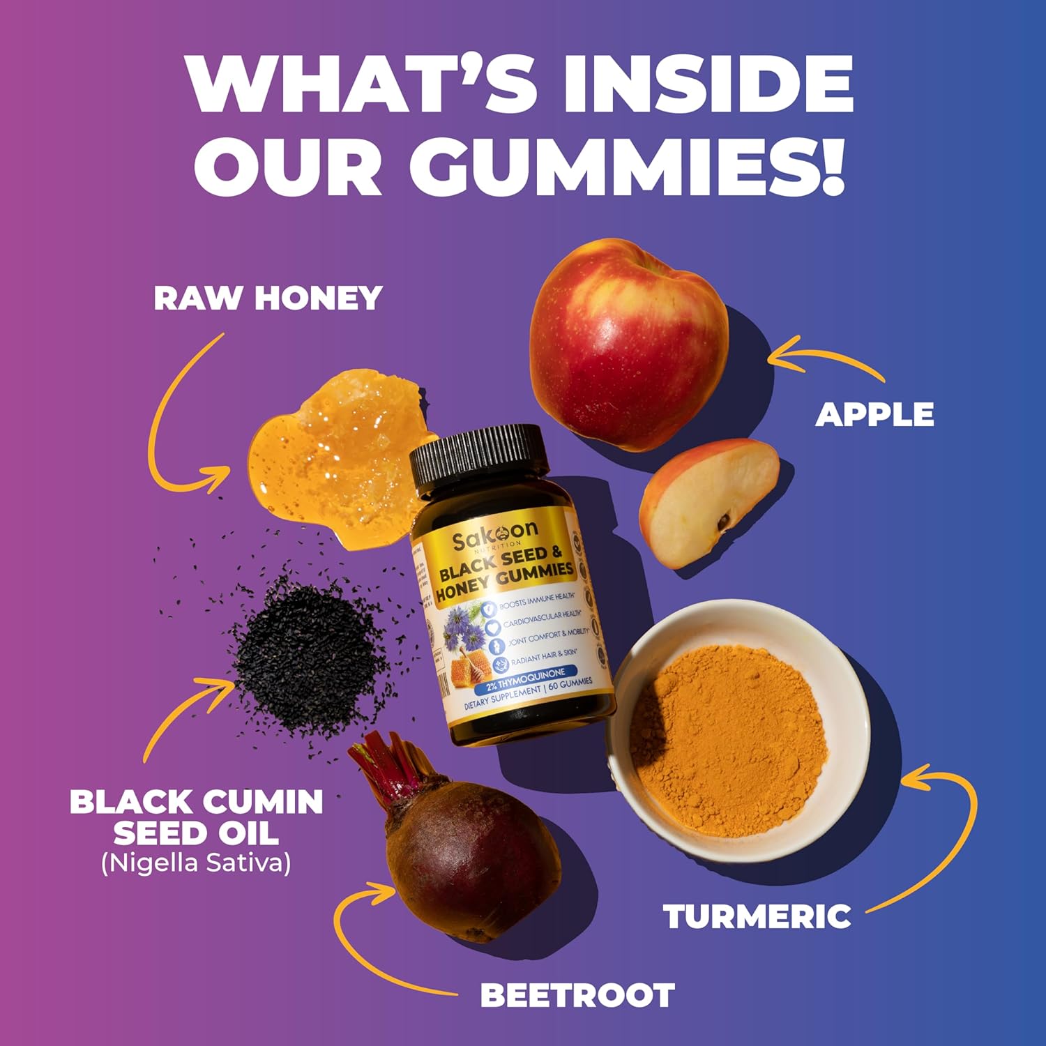 Sakoon Nutrition Black Seed Oil Gummies with Honey - Immune Support & Antioxidant Boost - 60 Gummies