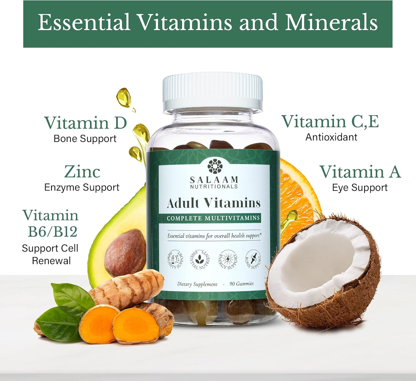 Salaam Nutritionals Adult Multivitamin Gummies for Women and Men - 90 Count, 3 Packs - 11 Essential Vitamins and Minerals for Adults