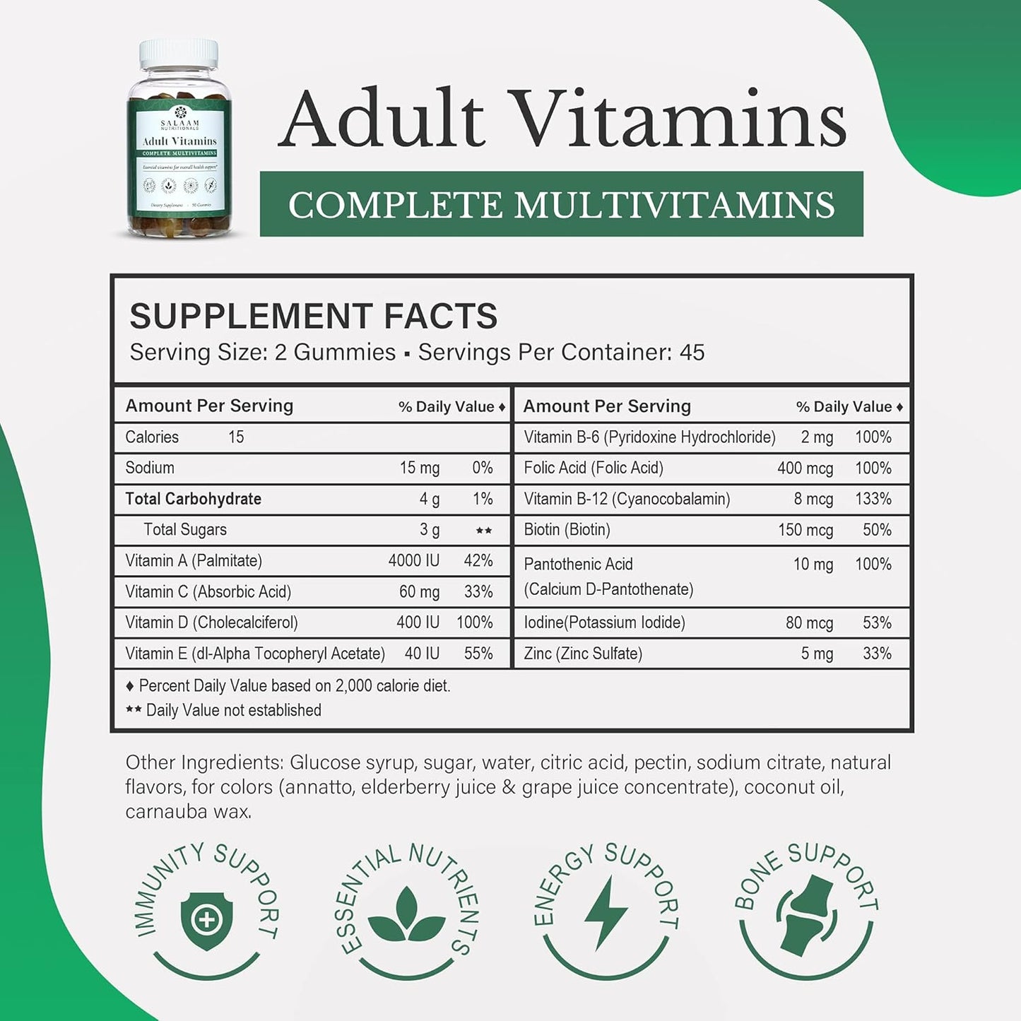 Salaam Nutritionals Adult Multivitamin Gummies for Women and Men - 90 Count, 3 Packs - 11 Essential Vitamins and Minerals for Adults