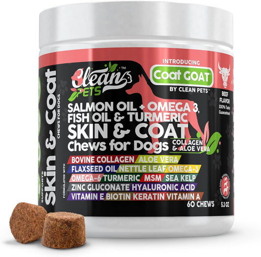 Salmon Oil Omega 3 Fish Oil for Dogs Skin and Coat Supplement with Collagen, Aloe Vera, Biotin, Flaxseed, and Vitamins