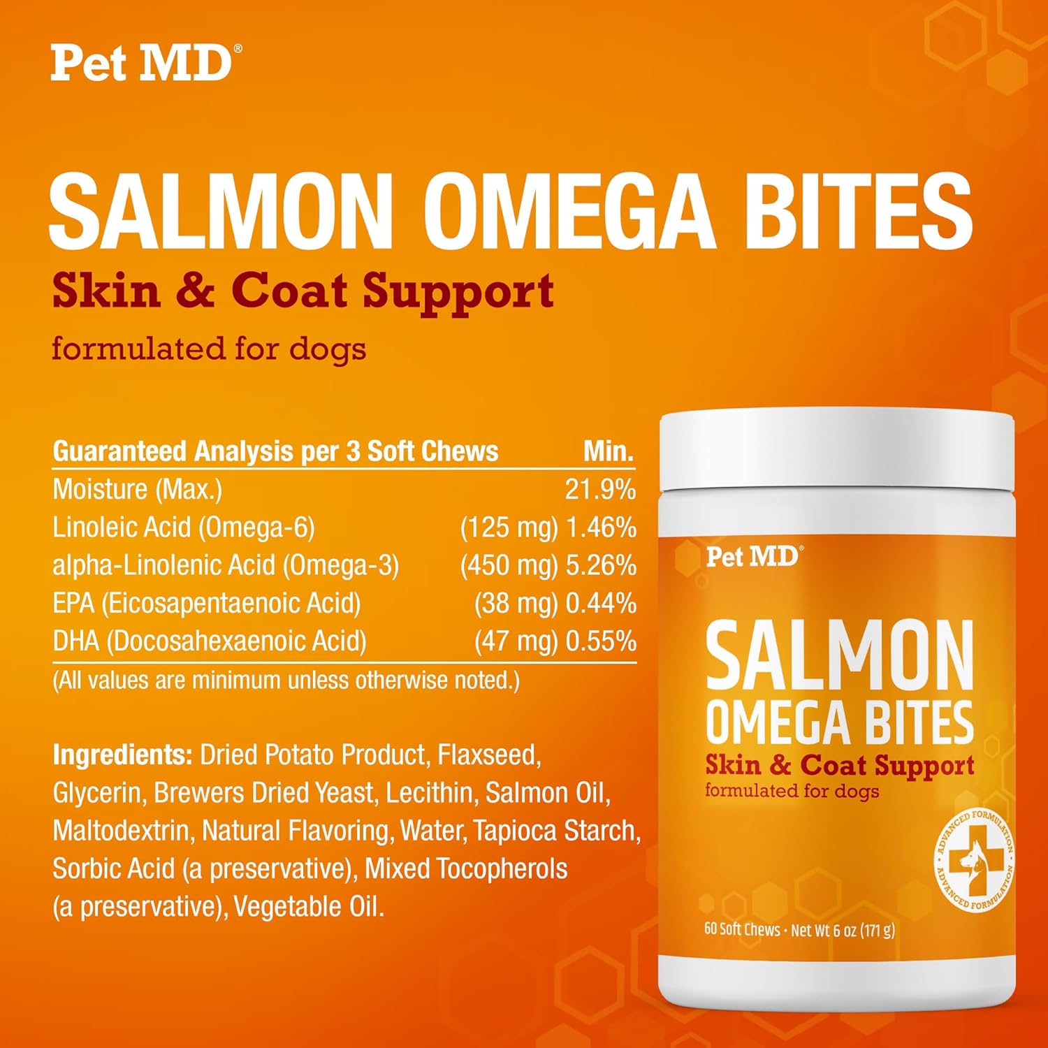 Salmon Omega Bites for Dogs - Skin and Coat Supplement with Omega 6 & 3 Fish Oil - Allergy Relief & Dry Skin - 60 ct